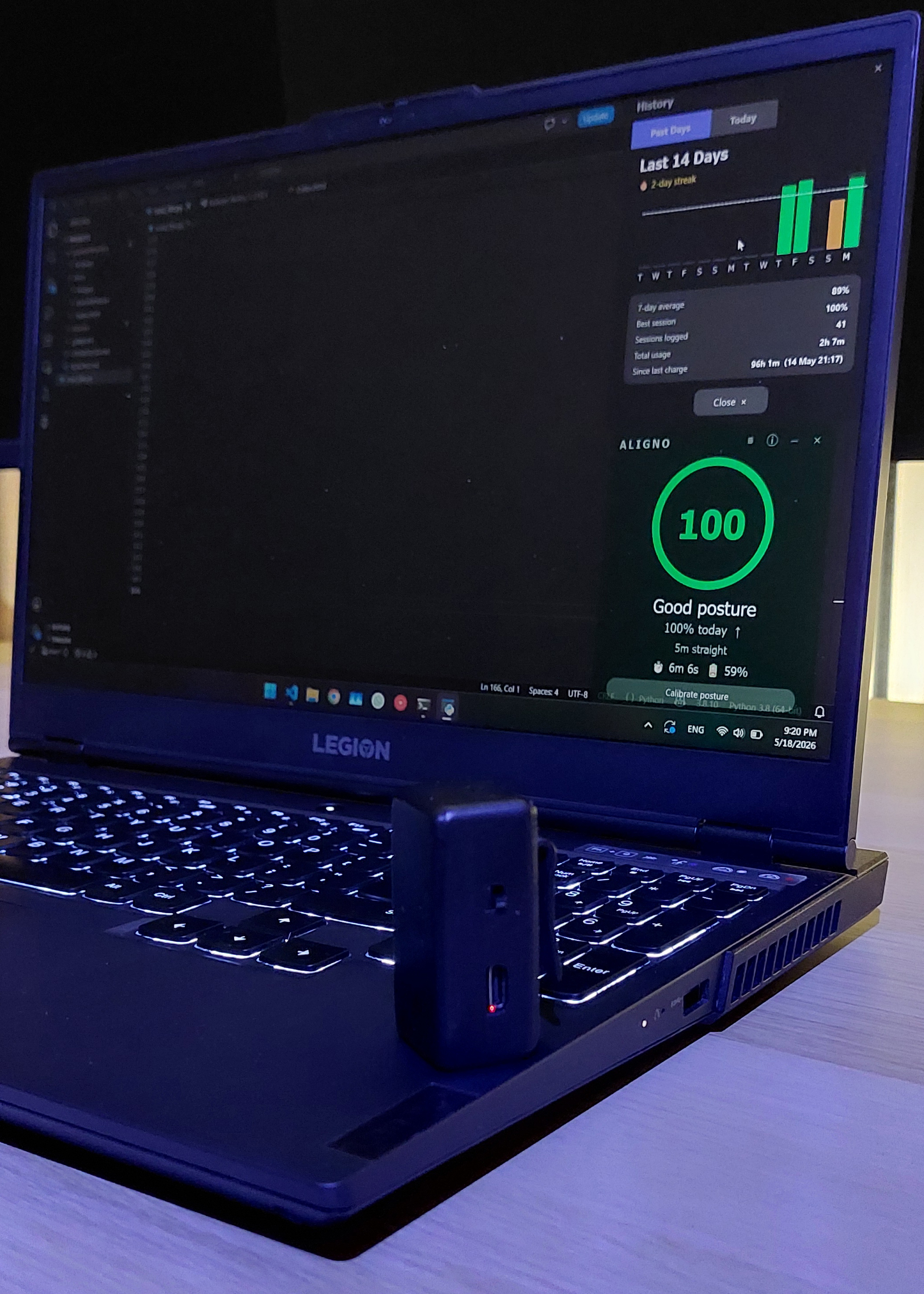 Aligno sensor on a laptop — history panel showing 2-day streak, best session 100%