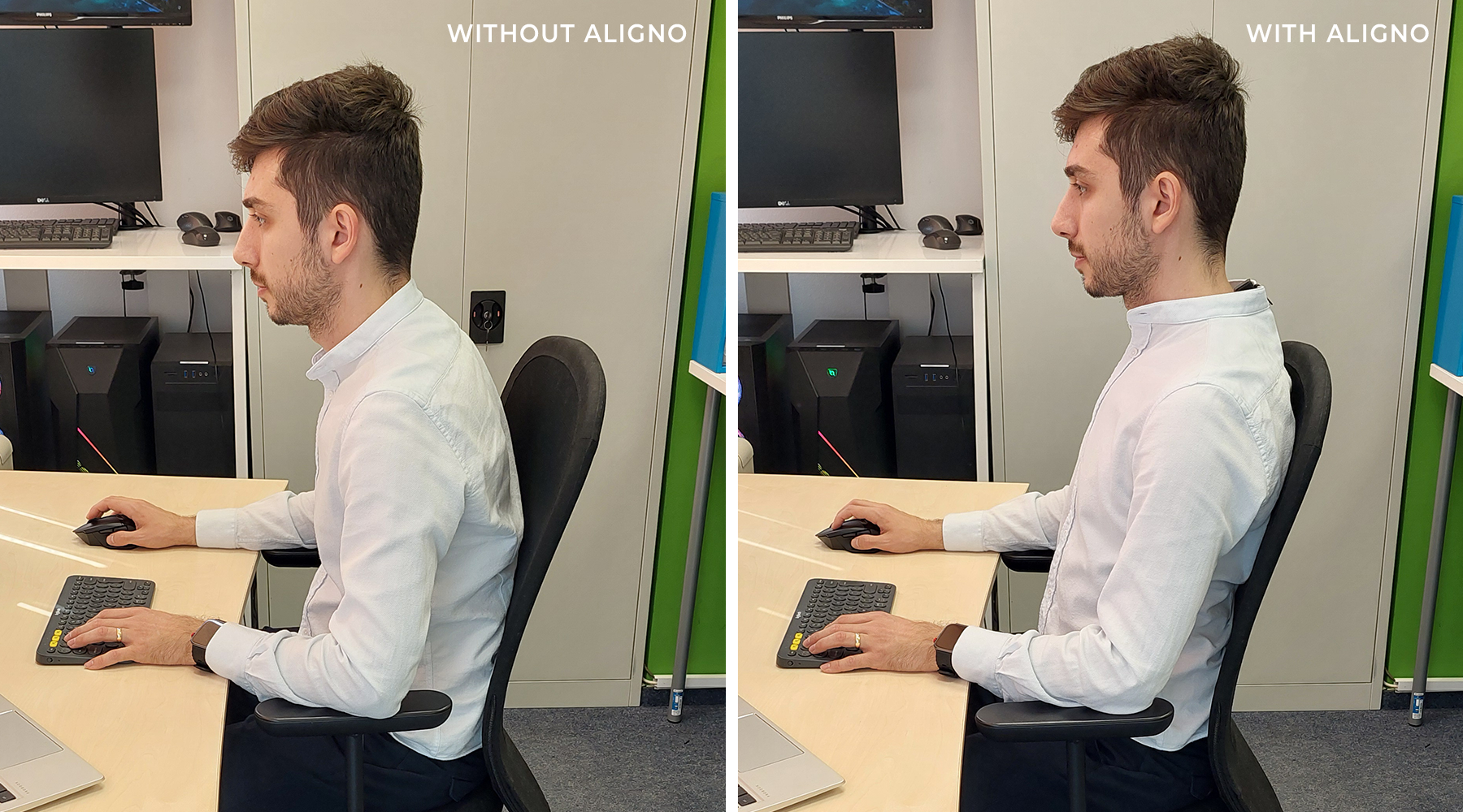 Side-by-side comparison: slouching without Aligno vs. upright posture with Aligno