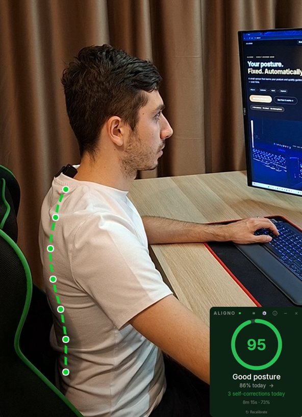 Sitting upright at the same desk with Aligno, spine traced in green and the app showing a score of 95.