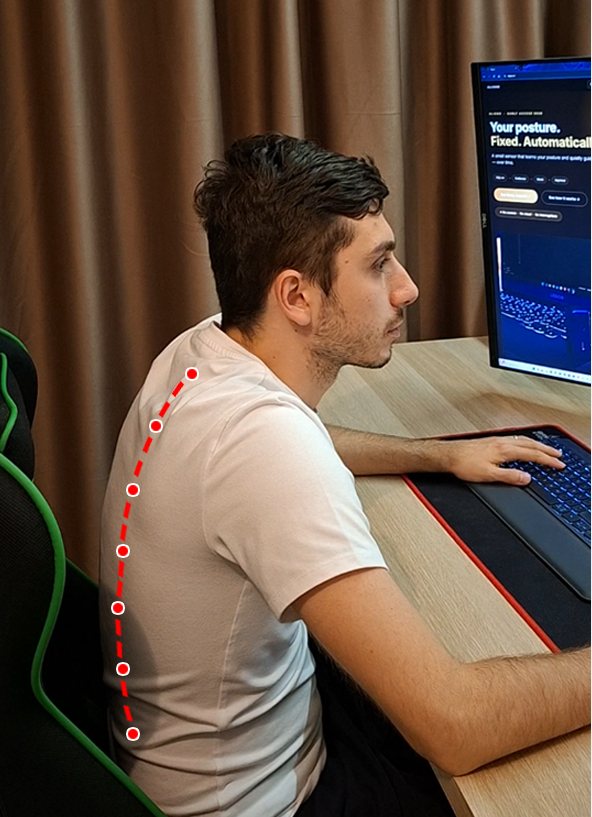 Slouching at a desk without Aligno, the curve of the spine traced in red.